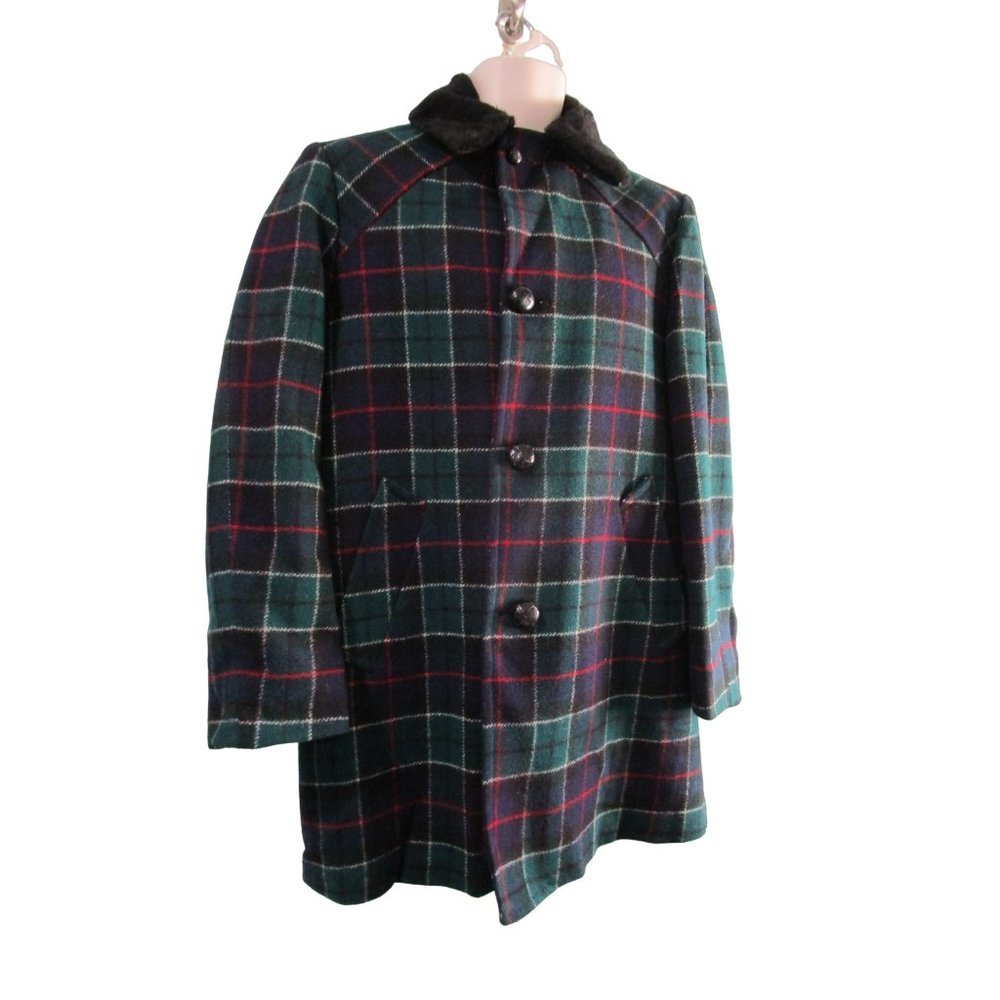 Vintage Pendleton 1950s Plaid Mens Car Coat 44 Wood Buttons Faux Fur Collar EUC